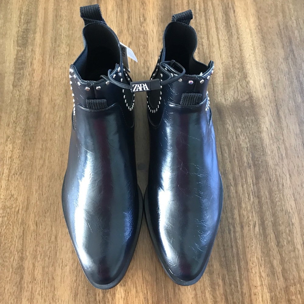 ZARA NWT Black Leather Ankle Boots with Studs
